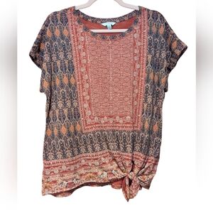 Lucky Brand Tie Front Printed Top. Cotton Blend Cuffed Sleeves. Sz M